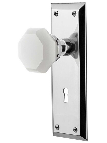 New York Mortise Lock Set with Milk White Waldorf Crystal Glass Knobs in Polished Chrome.